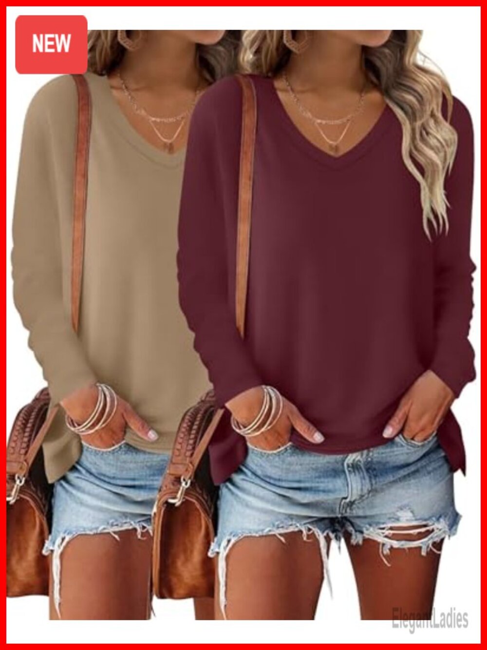 2 Pack Women's Long Sleeve V Neck T Shirts Loose Fit Casual Fall Tees